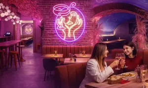 Dwie kobiety wznoszą toast w klimatycznym wnętrzu, gdzie neonowy portret i ceglane ściany tworzą atmosferę nietypowych restauracji w Warszawie.