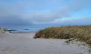 Piaszczyste wydmy porośnięte trawą na plaży w Swarzewie. Spokojne morze i błękitne niebo z chmurami.