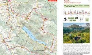 Trasa rowerowa przez Beskid Niski. Mapa szlaku "W poszukiwaniu ropy" z zaznaczonymi miejscowościami, profil trasy i zdjęcie cerkwi w Kunkowej.