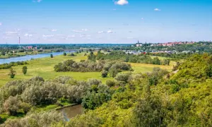 Krajobraz z rzeką, zielonymi wzgórzami porośniętymi drzewami i miastem w oddali.