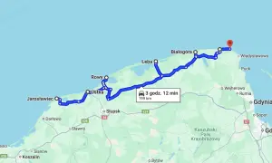 Trasa z Połczyna-Zdroju nad morze: przez Jarosławiec, Ustkę, Łebę do Władysławowa. 199 km, 3h 12 min.