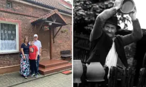 Rodzina przed domem, a obok czarno-białe zdjęcie garncarza. Krużewniki, gdzie to jest?