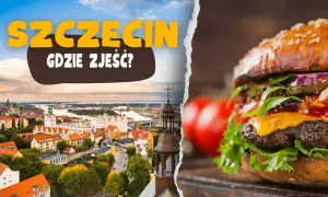Widok Szczecina i zbliżenie na soczystego burgera.