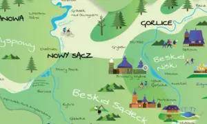 Mapa turystyczna z zaznaczonymi miastami, rzekami i szlakami. Widać Gorlice, Nowy Sącz i Beskid Niski, idealne na wycieczki po górach.