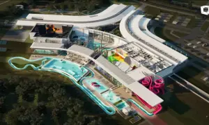 Nowoczesny aquapark Rzeszów z basenami, zjeżdżalniami i strefą relaksu. Widok z lotu ptaka na kompleks wodny.