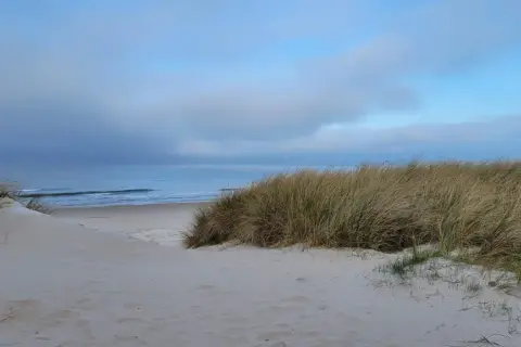 Piaszczyste wydmy porośnięte trawą na plaży w Swarzewie. Spokojne morze i błękitne niebo z chmurami.