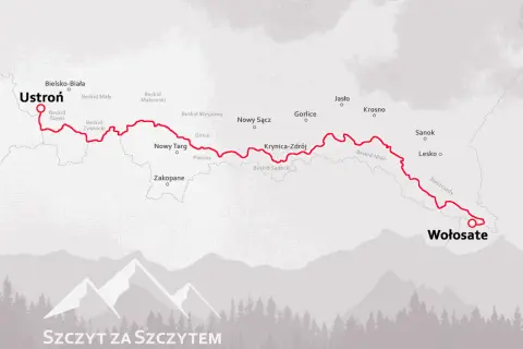 Mapa przedstawiająca przebieg Głównego Szlaku Beskidzkiego od Ustronia do Wołosatego, z zaznaczonymi pasmami górskimi i miejscowościami.