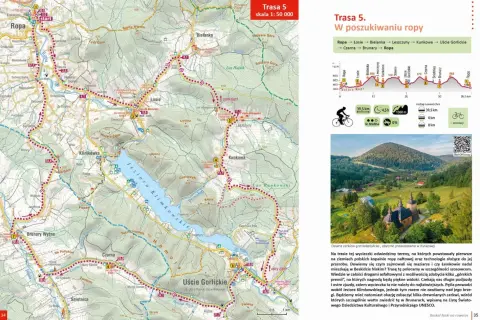 Trasa rowerowa przez Beskid Niski. Mapa szlaku "W poszukiwaniu ropy" z zaznaczonymi miejscowościami, profil trasy i zdjęcie cerkwi w Kunkowej.