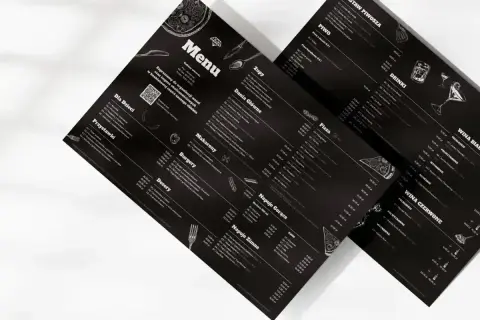 Menu z czarnym tłem, prezentujące ofertę a la carte. Widoczne sekcje: Zupy, Dania Główne, Pizza, Makaron, Burgery, Desery, Napoje Gorące i Zimne, Piwo, Drink, Wina.