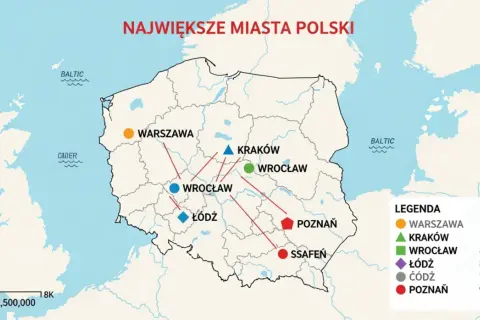 Mapa przedstawia najwieksze miasta Polski: Warszawę, Kraków, Wrocław, Łódź, Poznań i inne.
