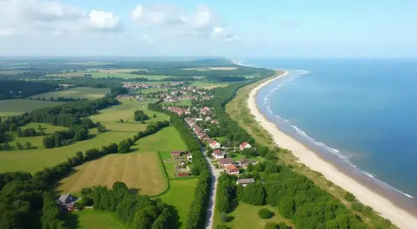 Dojazd PKP do Dąbek to malownicza podróż przez zielone pola i lasy, kończąca się widokiem na piaszczystą plażę i morze.