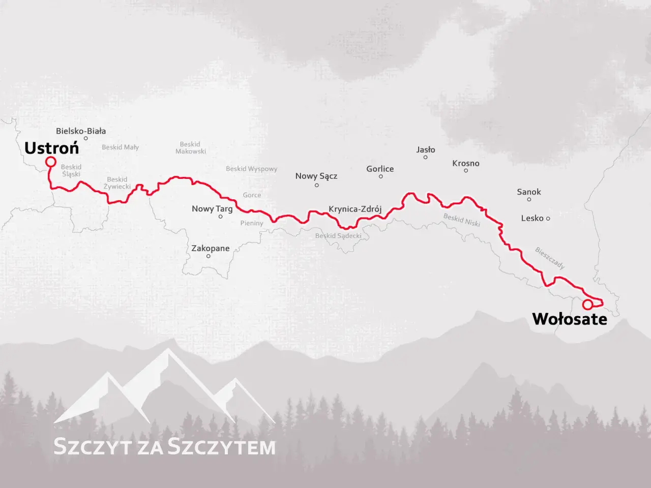 Mapa przedstawiająca przebieg Głównego Szlaku Beskidzkiego od Ustronia do Wołosatego, z zaznaczonymi pasmami górskimi i miejscowościami.