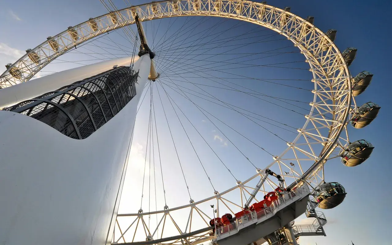 Widok z dołu na London Eye, ukazujący jego imponującą london eye wysokość i kapsuły.