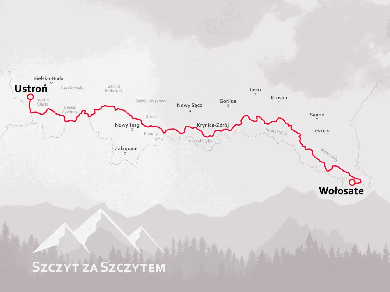 Mapa przedstawiająca przebieg Głównego Szlaku Beskidzkiego od Ustronia do Wołosatego, z zaznaczonymi pasmami górskimi i miejscowościami.
