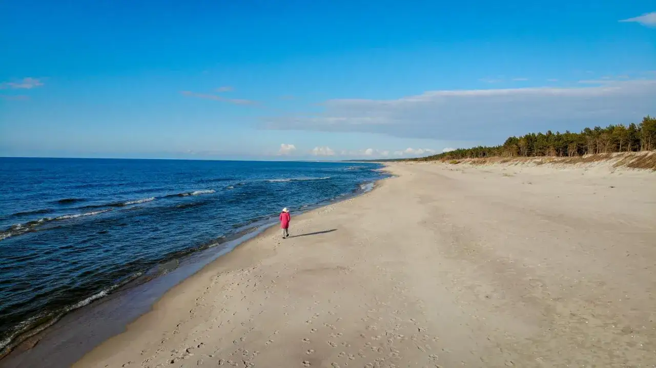 Spacer po plaży w Krynicy Morskiej, gdzie szum fal i widok na las tworzą idealne tło dla chwili spokoju.