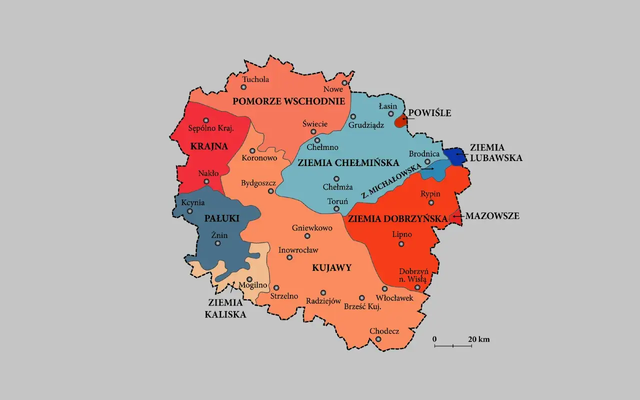 Mapa historycznych ziem Polski. Toruń, miasto na trasie dawnych szlaków handlowych, leży w Ziemi Chełmińskiej.