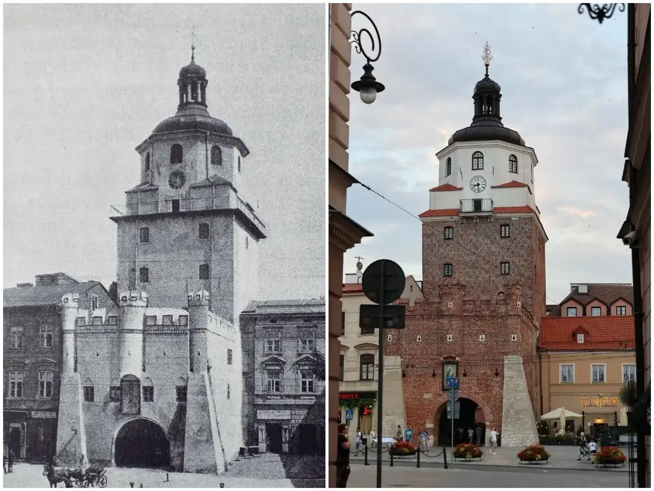 Lublin Starówka: Brama Krakowska wczoraj i dziś. Dawniej kamienna, dziś ceglana, wciąż dumnie strzeże miasta.