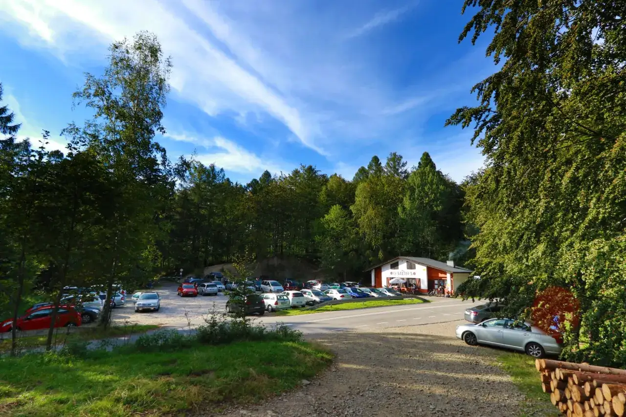 Parking przy lesie, gdzie widać budynek z napisem