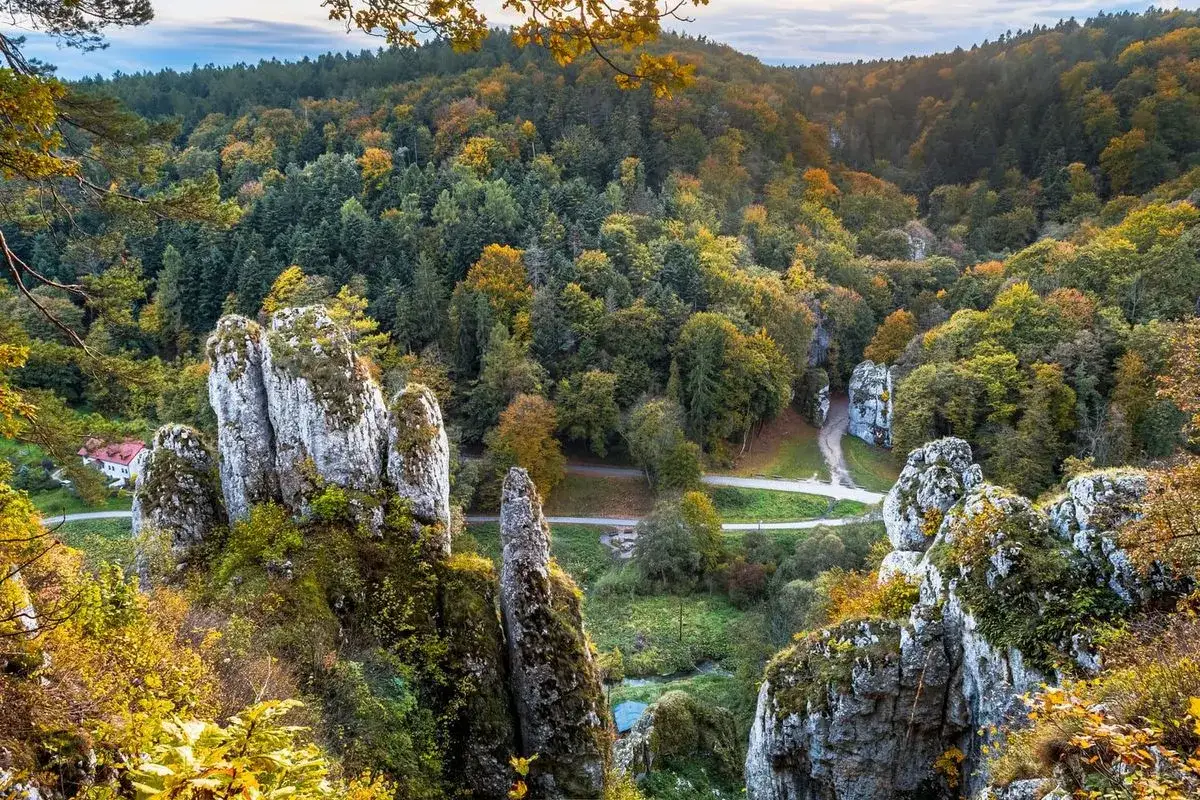 Ojcowski Park Narodowy: wapienne skały, jesienne lasy i domki. Ciekawostki przyrodnicze i krajobrazowe.