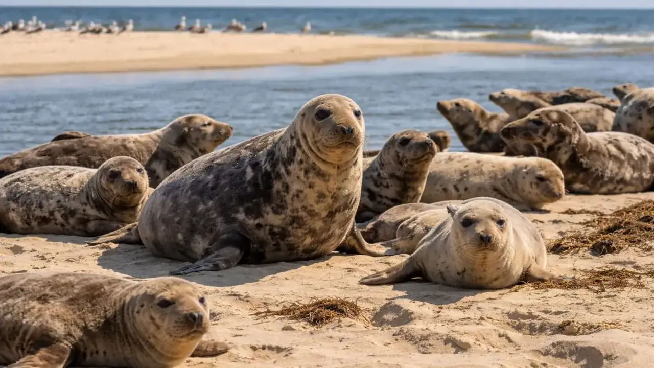 Foki nad Bałtykiem wylegują się na piaszczystej plaży. W tle widać morze i mewy.