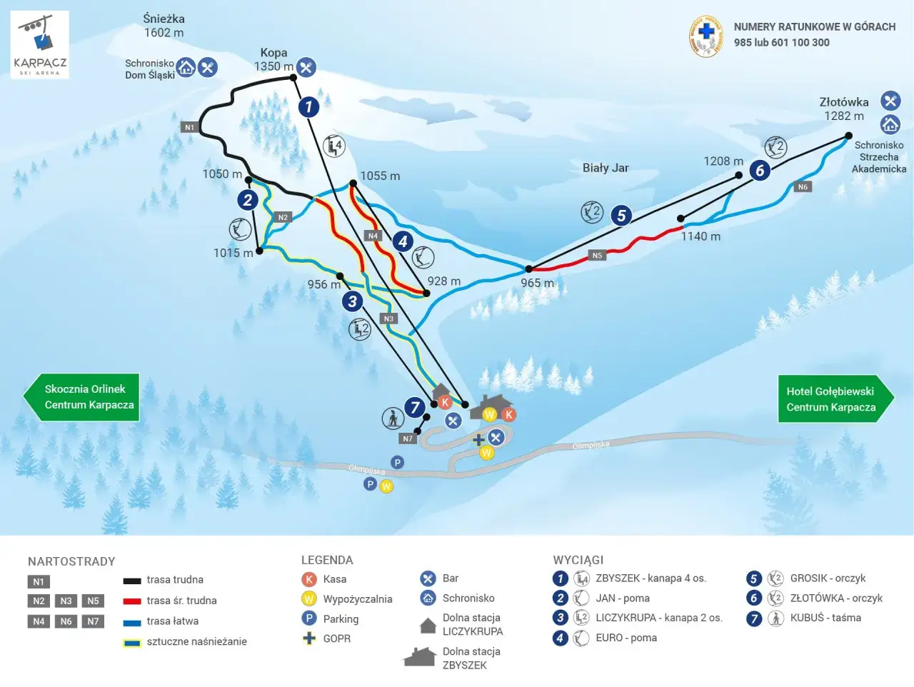 Mapa tras narciarskich Karpacz. Najłatwiejszy szlak na Śnieżkę to trasa N1, oznaczona kolorem czarnym.