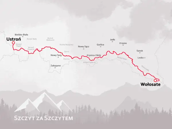 Mapa przedstawiająca przebieg Głównego Szlaku Beskidzkiego od Ustronia do Wołosatego, z zaznaczonymi pasmami górskimi i miejscowościami.