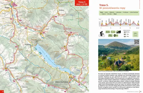 Trasa rowerowa przez Beskid Niski. Mapa szlaku "W poszukiwaniu ropy" z zaznaczonymi miejscowościami, profil trasy i zdjęcie cerkwi w Kunkowej.