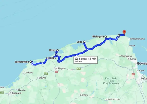 Trasa z Połczyna-Zdroju nad morze: przez Jarosławiec, Ustkę, Łebę do Władysławowa. 199 km, 3h 12 min.