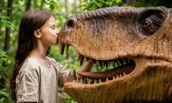 Dziewczynka całuje dinozaura w Juraparku. Sprawdź nasz jurapark cennik i zaplanuj niezapomnianą przygodę!