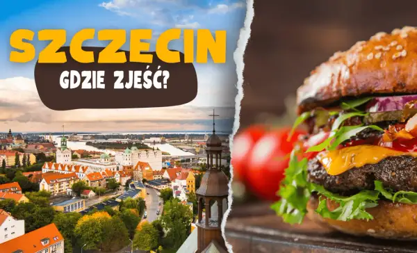 Widok Szczecina i zbliżenie na soczystego burgera.