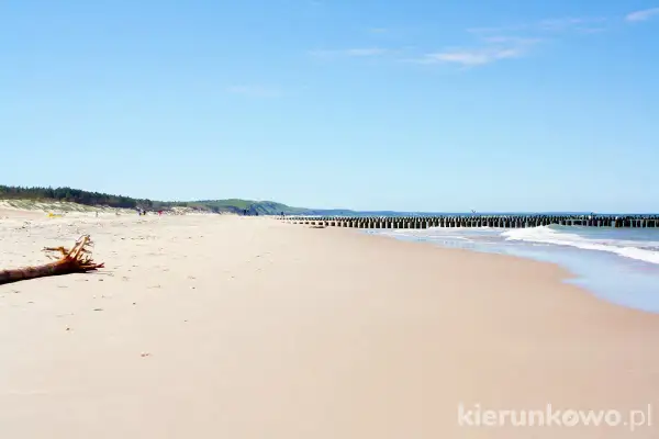 Piękna, piaszczysta plaża w Rowach, z drewnianymi falochronami i łagodnymi falami. Idealne miejsce na relaks.