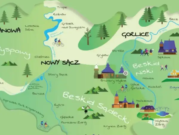 Mapa turystyczna z zaznaczonymi miastami, rzekami i szlakami. Widać Gorlice, Nowy Sącz i Beskid Niski, idealne na wycieczki po górach.